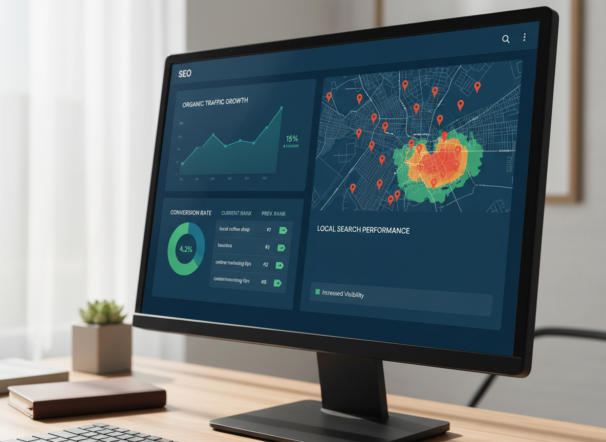 A close-up of a high-resolution computer screen showing a professional SEO reporting dashboard with multiple panels: organic traffic growth, conversion rate charts, keyword ranking improvements, and a map highlighting local search performance. The bezel of the monitor is thin and matte black, contrasting with the vivid blues, greens, and oranges of the data visualizations. The surrounding office environment is softly blurred: hints of a tidy desk, a small plant, and a closed notebook. Natural side light from a window creates subtle highlights along the monitor edge. Photographic realism from a slightly angled side view, emphasizing precision, transparency, and measurable marketing results.
