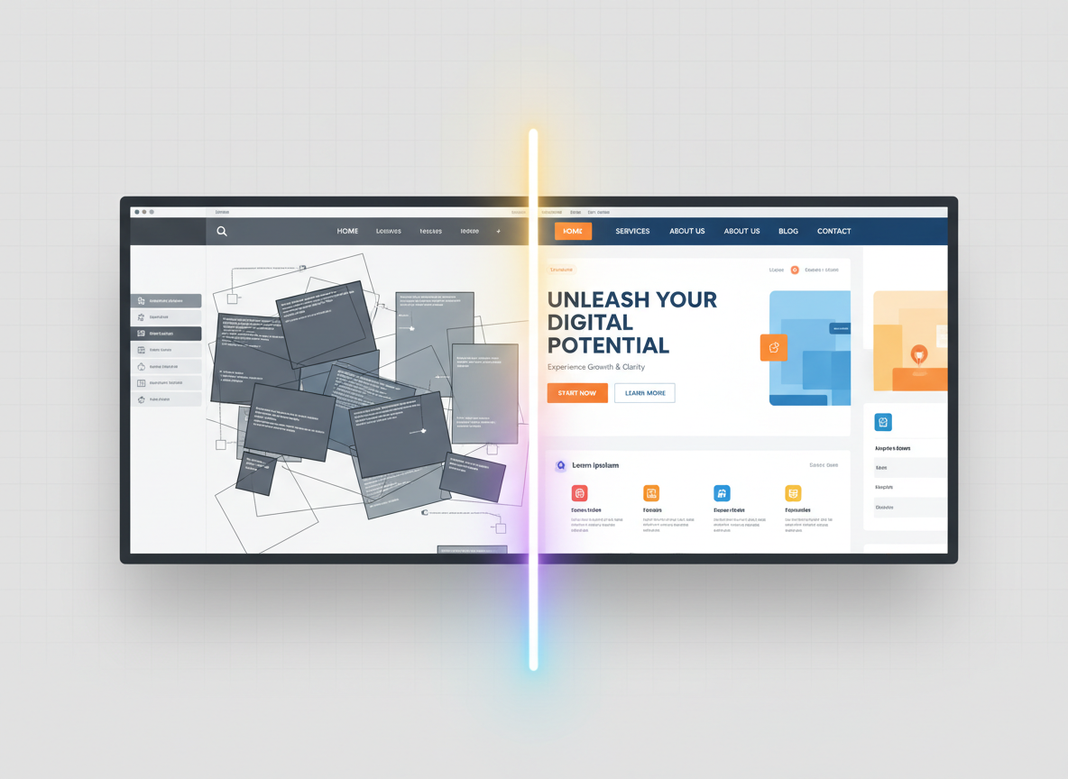 A split-screen style composition where the left side shows a simplified, grayscale representation of a cluttered, low-performing website wireframe, and the right side presents a vibrant, well-structured, color website layout with clear navigation, compelling headlines, and highlighted call-to-action buttons. Between them, a vertical line of glowing gradient light symbolizes transformation. The background is a clean, neutral gray with a faint grid texture, lit by soft studio lighting that keeps the focus on the contrast. Photographic realism with slight digital UI stylization, shot straight-on with sharp focus, conveying the before-and-after impact of expert SEO and marketing optimization.